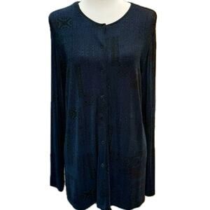 Chico's Design Travelers Snap Front Shirt Women's Size 2/L Black Navy Blue Print